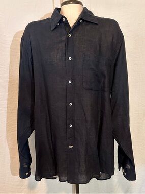 Robert Talbott Carmel 100% Linen Navy Blue Luxury Button-Down Shirt XL Old Money